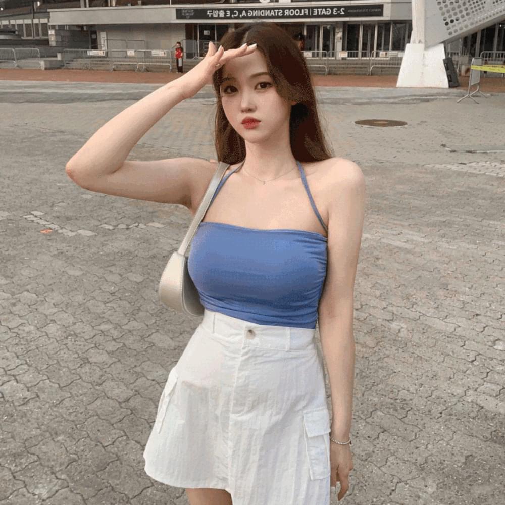 Halter neck uncut tube top tank top Sleeveless top cropped shirring layered top inner Sleeveless top cap bra top sleeveless halter blue tube top two-way daily strap Sleeveless top sleeveless 3 colors