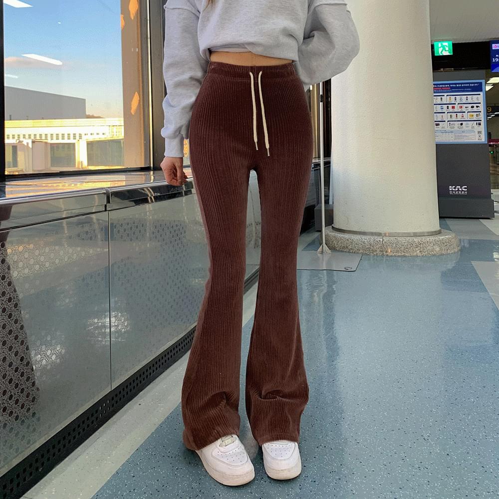 Long~leg corduroy high waist banding long Flared training pants golden string Spandex slim fit trumpet sweatpants