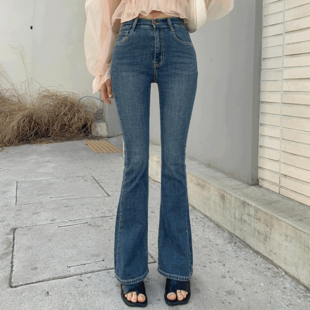 Hidden banding waist tight mochi Spandex long semi Flared slim high waist denim Light Blue light blue dark Dark Blue spring cherry blossom look SML