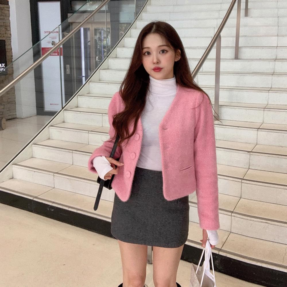 Romantic angora fur mohair no collar tweed short jacket shirring pin tuck big button long sleeve crop Fleece-lined lining