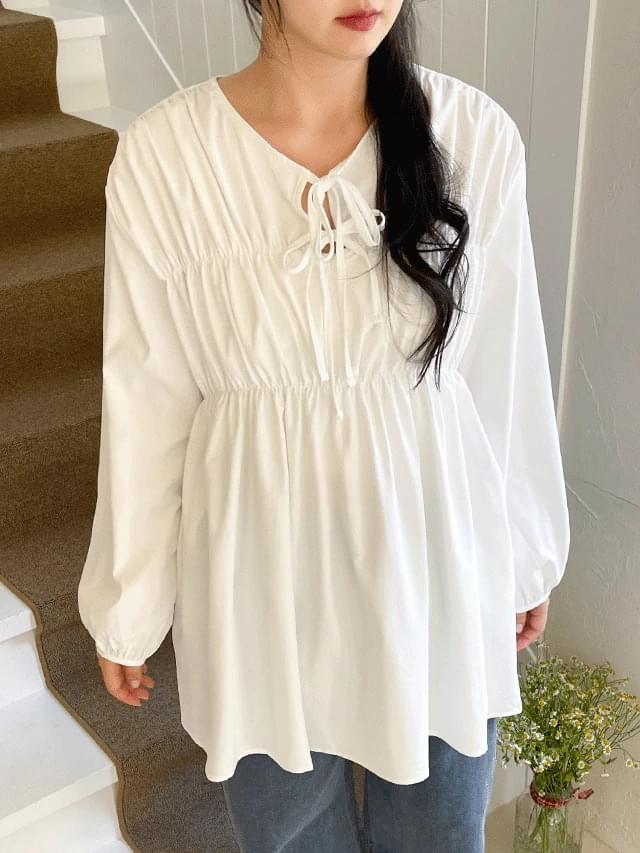 빅사이즈 55-88 러비던 브이넥 리본 플레어 미니 원피스