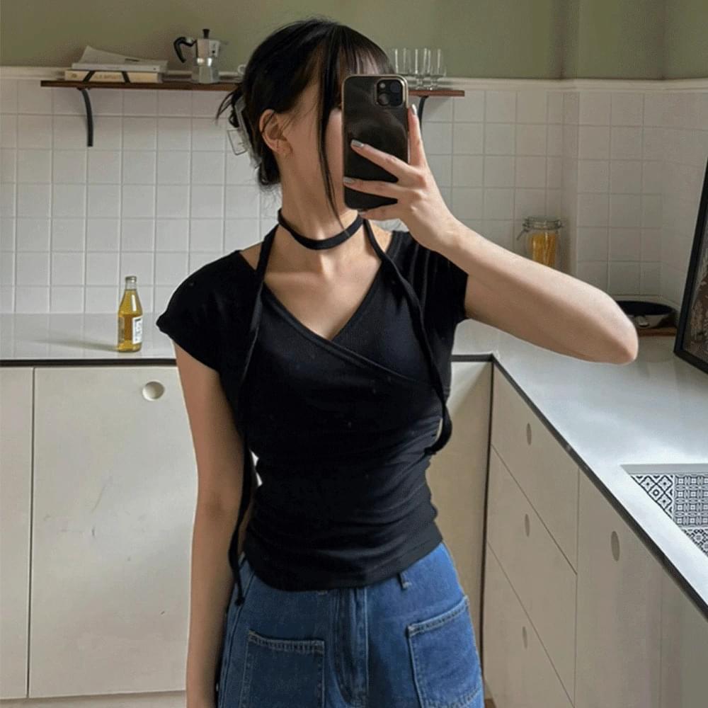 Wrap shirring tie t-shirt set tight golji short Ribbed tee Spandex crop V-Neck summer casual feminine slim fit