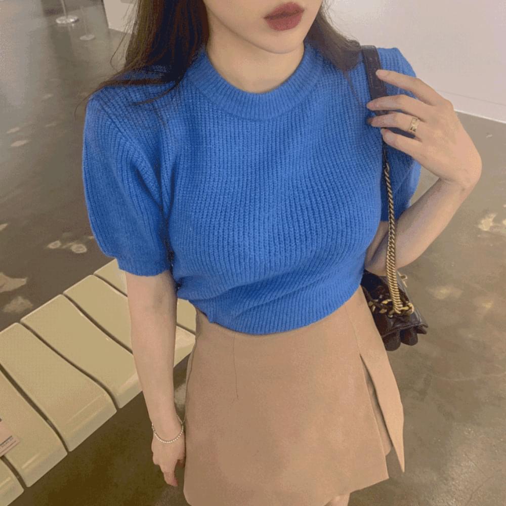 Vivid thick loose Loose-fit half puff short sleeve Nagrang balloon sleeve cropped short round neck Ribbed Knitwear 10 colors