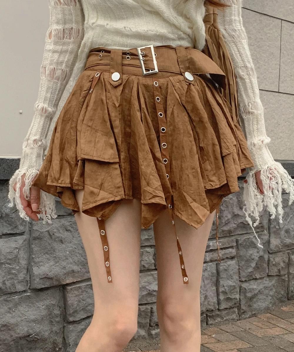 Bohemian belt mini skirt skirt ankle pleated frill cancan high waist flare A-line eyelet vintage hip Y2K date look spring mid-season