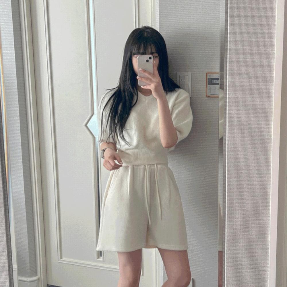 V-Neck Loose-fit half puff short sleeve Nagrang balloon sleeve cropped short vivid thick pakdak vertical Ribbed spring summer fall Knitwear 10 colors