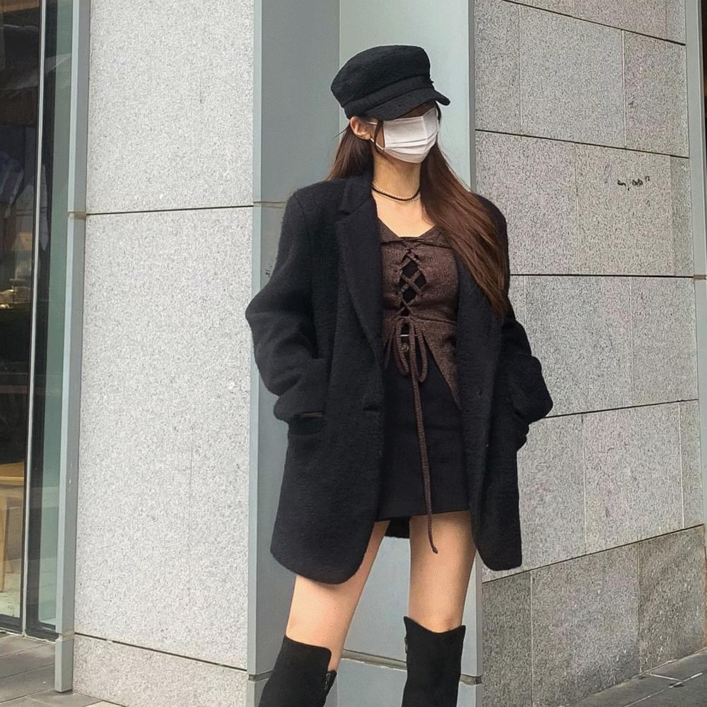 Unique Overfit Single Wool Half Coat Thick Tailored Collar Pocket Boxy Two Button Jacket Daily Casual Purple Gray Black