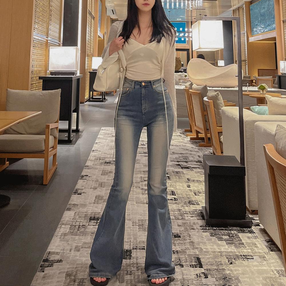 High waist ver. Tight Spandex vintage Faded denim long Flared Spandex pants all seasons Y2K unique tight fit