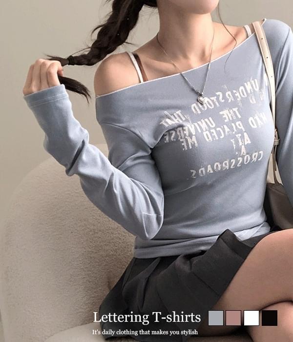 Under lettering off shoulder long sleeve t-shirt