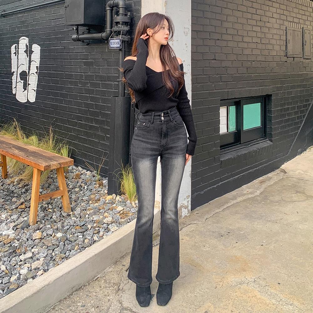 Short & Basic & Long High Waist Flared Two Button Faded Spandex Length Selection Fleece-lined Denim Pants Light Blue Dark Blue Blue Black