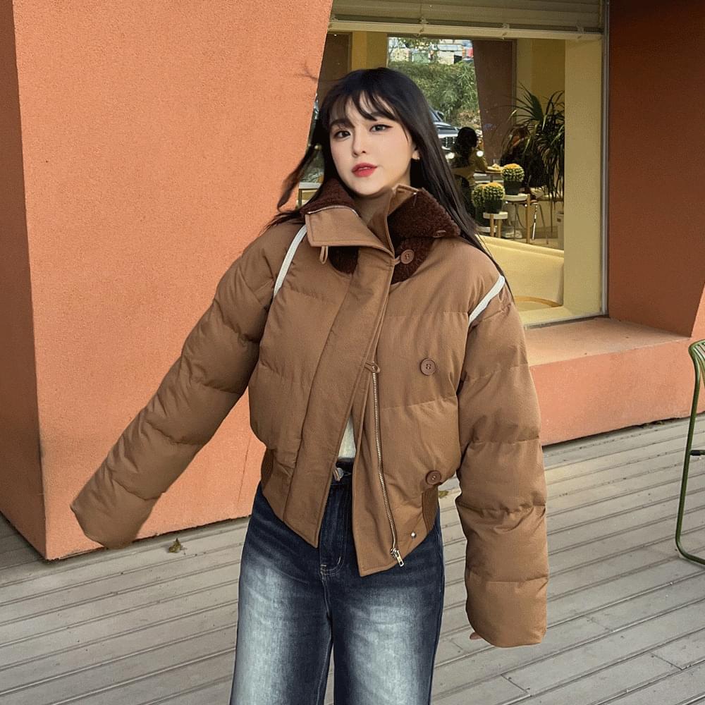 2way fleece puffy Knitwear high neck padded turtleneck Turtleneck Jacket crop jumper Jacket Shearling jacket winter ivory brown