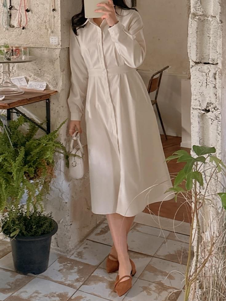 Elumoon Pintuck Back Ribbon Shirt Long Dress