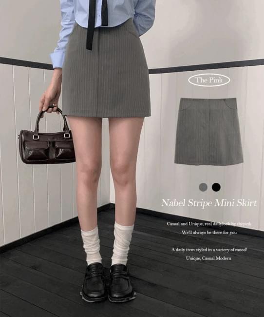 나벨 스트라이프 뒷밴딩 H라인 미니 스커트 (2color)