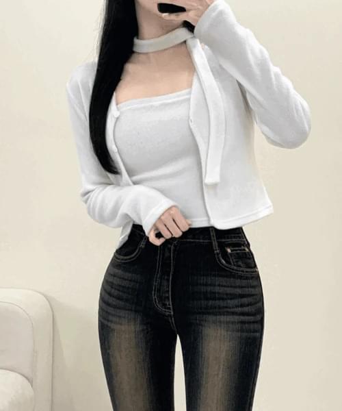 Rocking Choker Top V-Neck Cardigan Tee