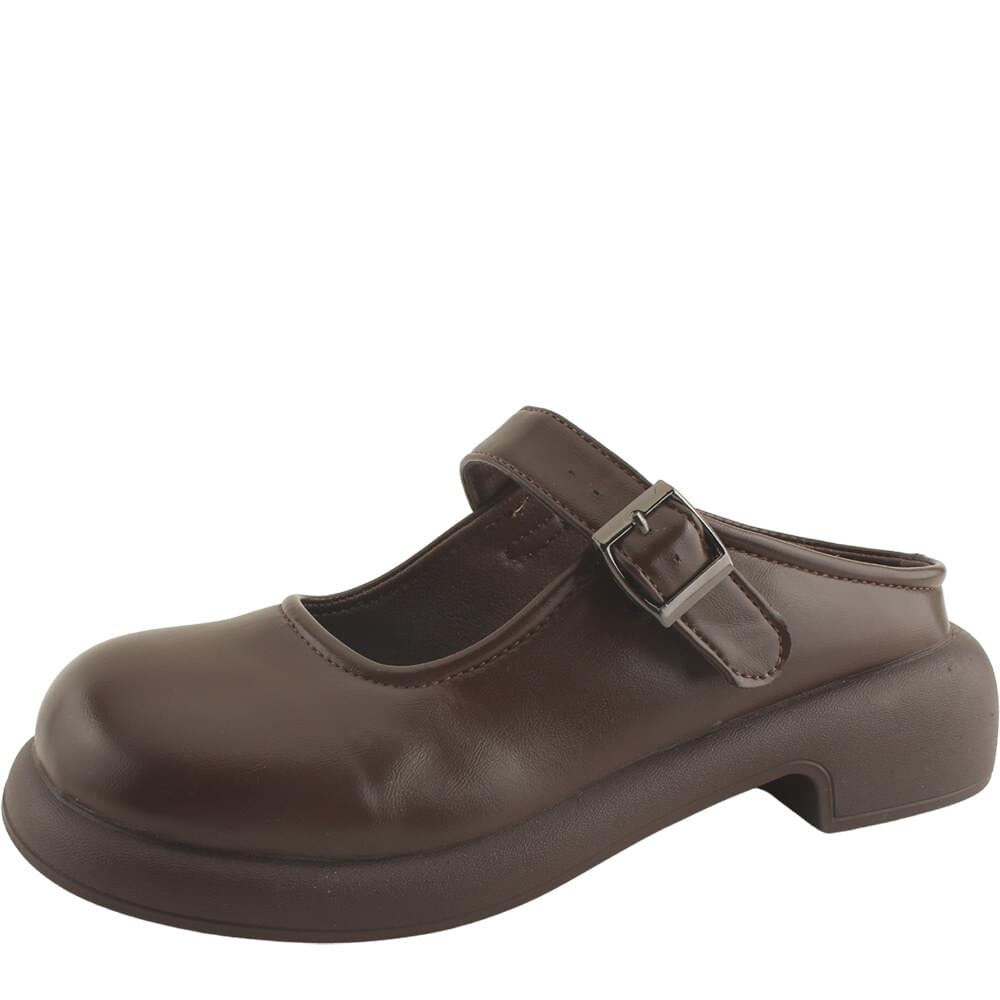 Buckle Mary Jane Soft Block Heel Flat Bloafer Brown