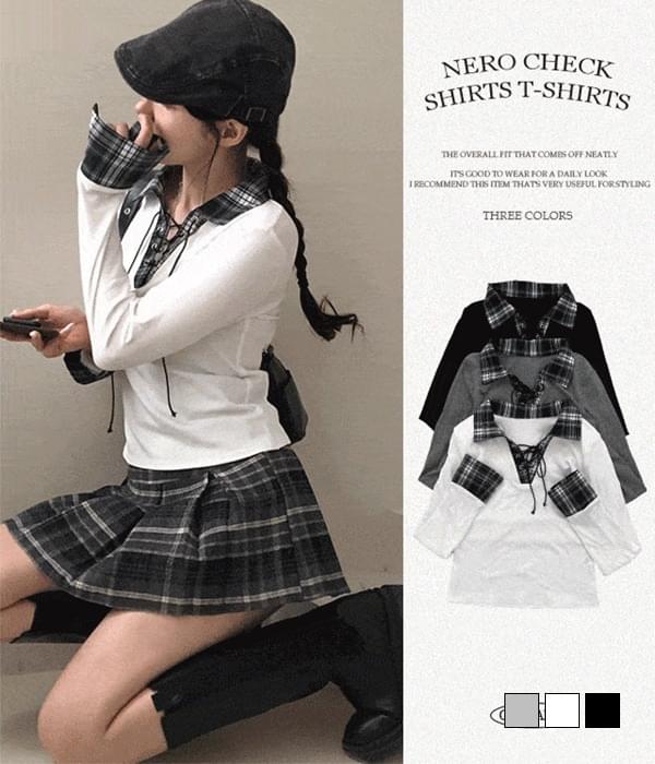 Nero Check Color Block Eyelet Long Sleeve T-Shirt