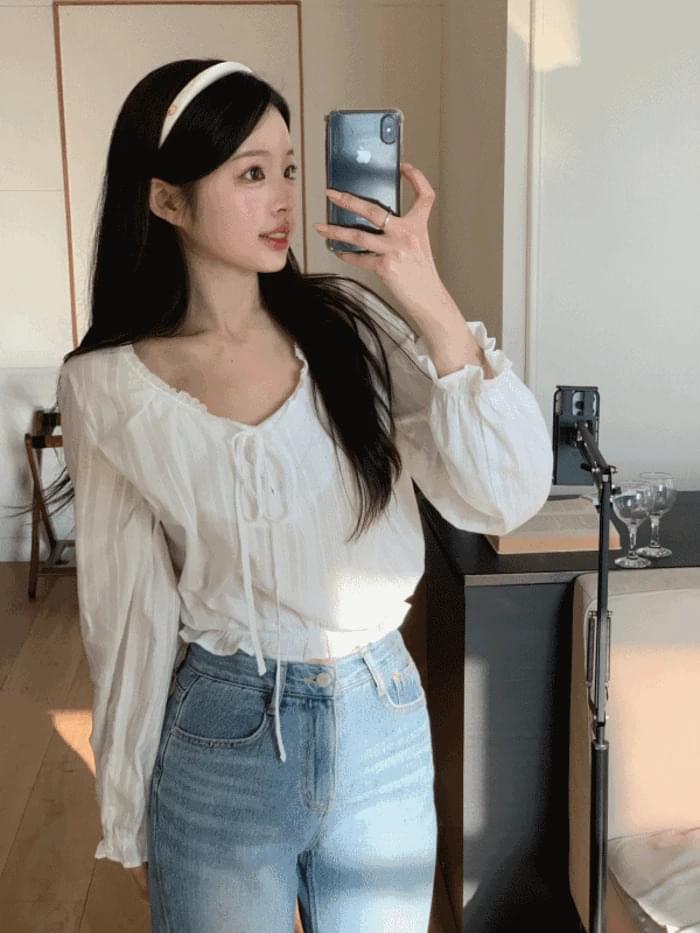Sage Ribbon Frill Button Shirring Crop Blouse (2 colors)