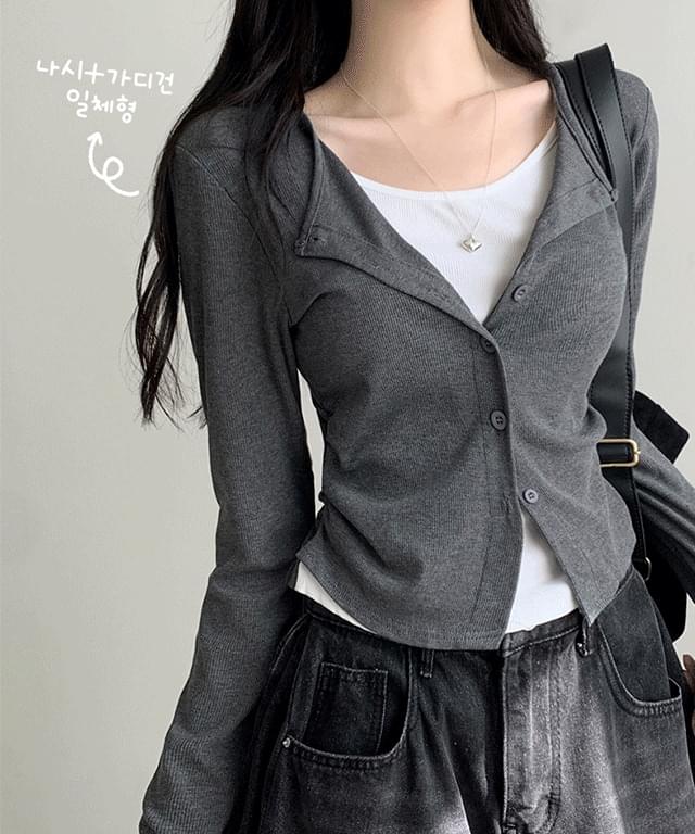 Gent Layered Basic Loose Fit Shirring Round All-in-One Cardigan