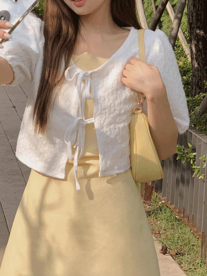 Summer puff ribbon short sleeve cardigan