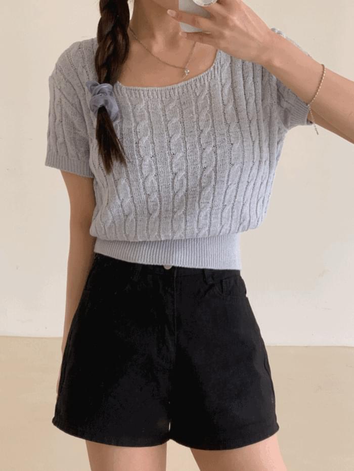 Mixed Square Neck Cable Short Sleeve Knitwear