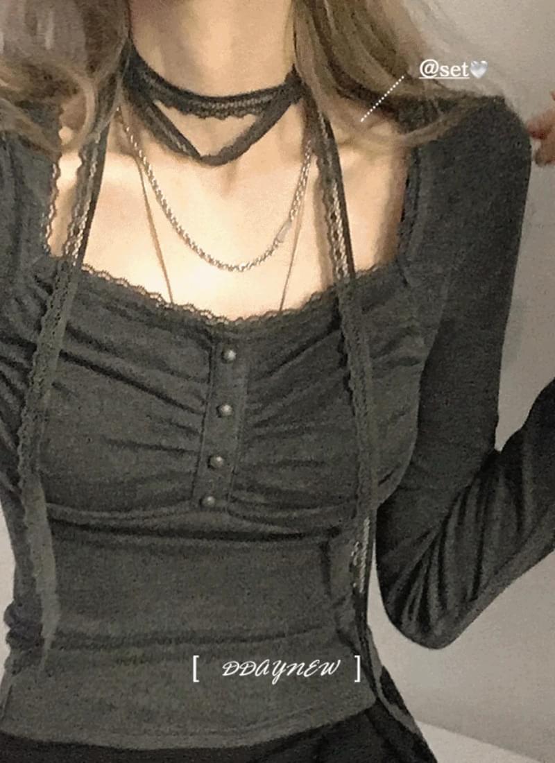 *マフラーセット*探していたムード、ヴィンテージレースマフラー+ボタンシャーリング長袖基本インナーTシャツ4color