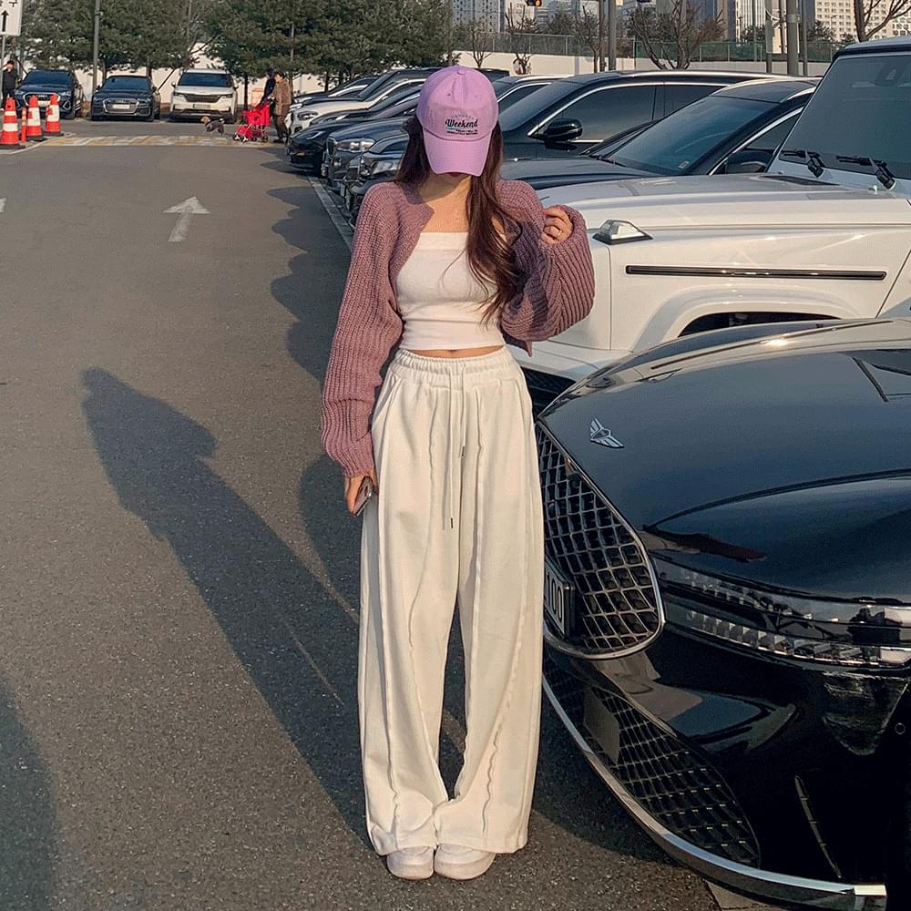 Pelvic up high waist wide long training pants banding string cotton straight pants deckie pants pocket sweatpants