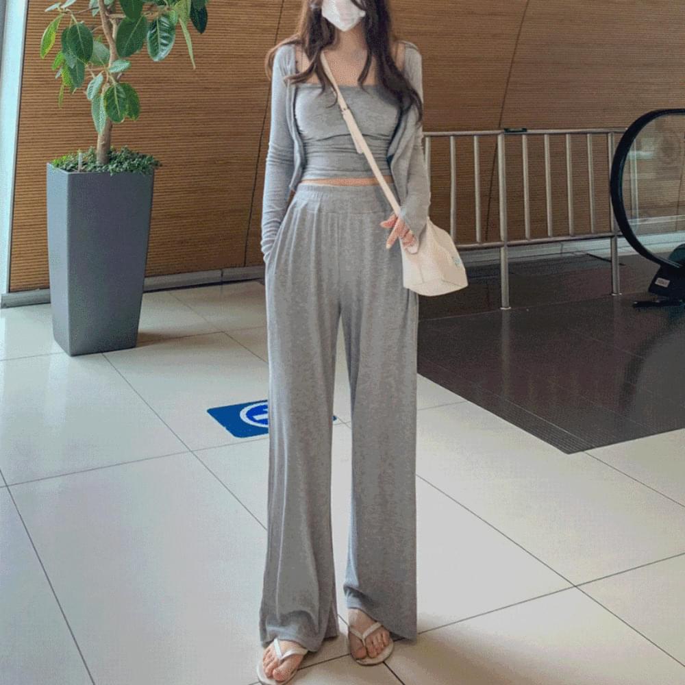 Cool and Ribbed diagonal team crop button cardigan 2way T-shirt + long wide banding pants training set ivory gray black spring