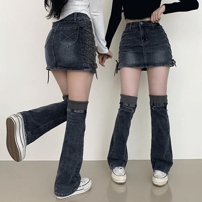 コモコルセット配色デニムミニスカート+バンディングデニムウォーマーセット