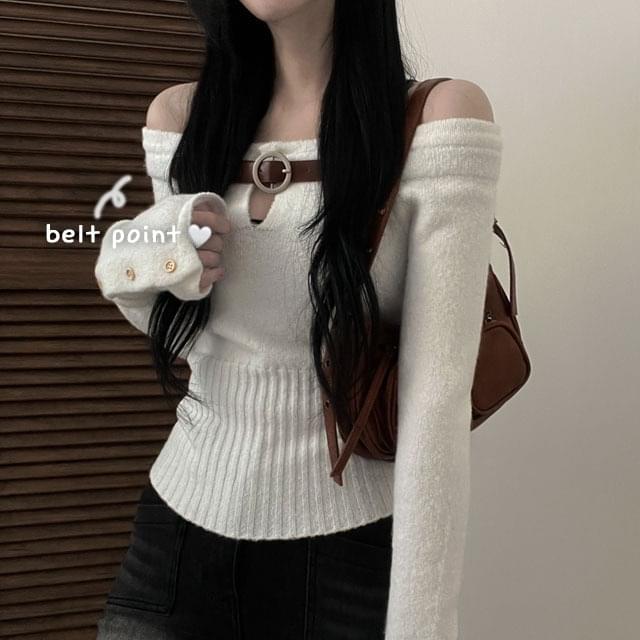 Belt off-shoulder sleeve button slim fit knitwear