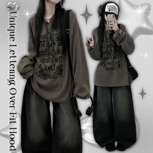 Change Lettering Waffle Knitwear Hooded Long Sleeve T-shirt