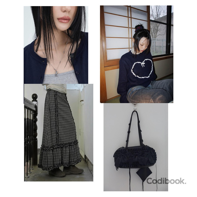 COLOR iN ID 리본 셔링 아망 숄더 백,kim9hope lace knit MTM,binary01 디안 프릴 체크 롱스커트등을 매치한 코디