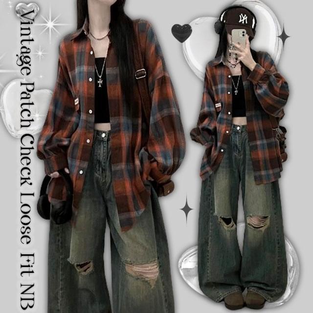 Patch pocket check balloon box fit shirt Shirt