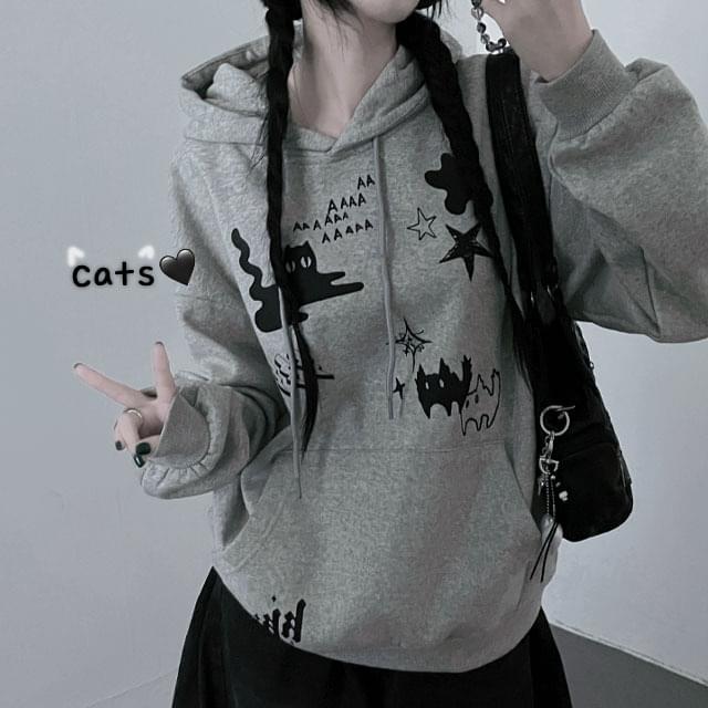 Shadowcats cat print lettering overfit fleece hoodie