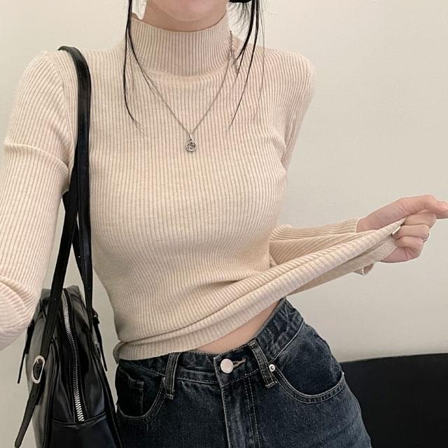 Half Ribbed Spandex Knitwear Long Sleeve Tee