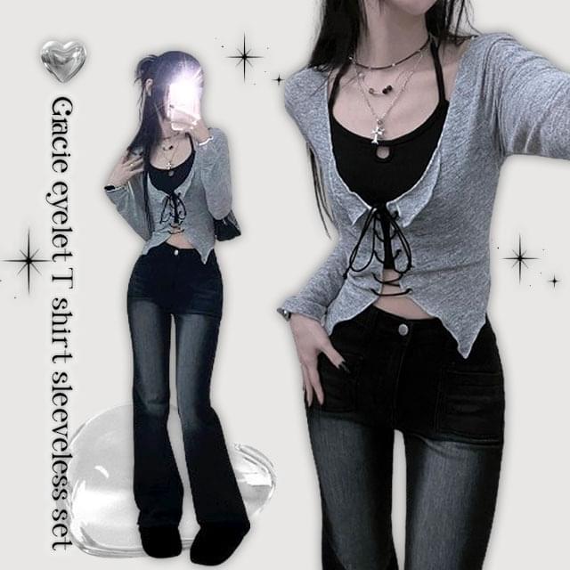 Eyelet halter Split long sleeve tee set