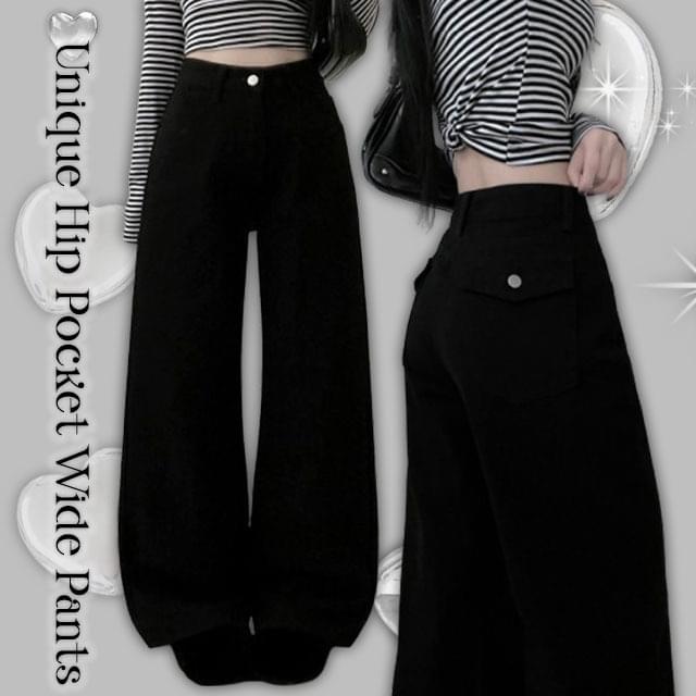 Black cotton back pocket point one-piece wide pants