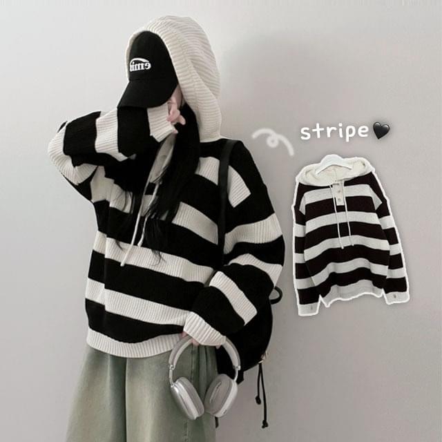 Button Striped-breasted Hand Warmer Box Fit Two-tone Hood Knitwear 