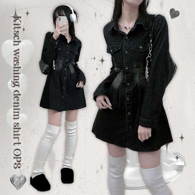 Kitsch Faded denim pin tuck shirt mini Dress