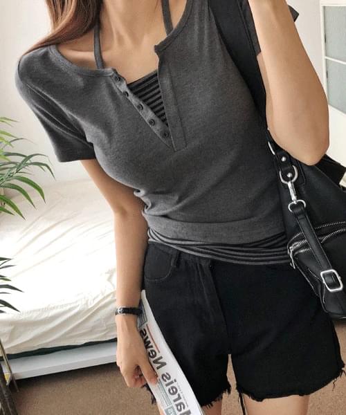 어폰타인 슬림 홀터넥 단가라 레이어드 반팔 티셔츠