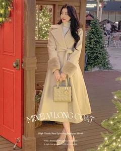 Mebelbi Big Caraneck Fake Fur Lining Double Button Waistband Flare Long Coat