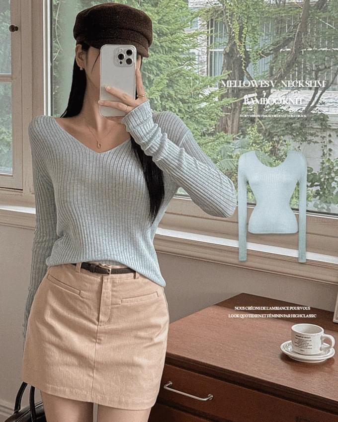 Mellows V V-Neck Ribbed Slim Fit Semi-Crop Basic Long Sleeve Bamboo Bodle T-Shirt Knitwear  針織衫