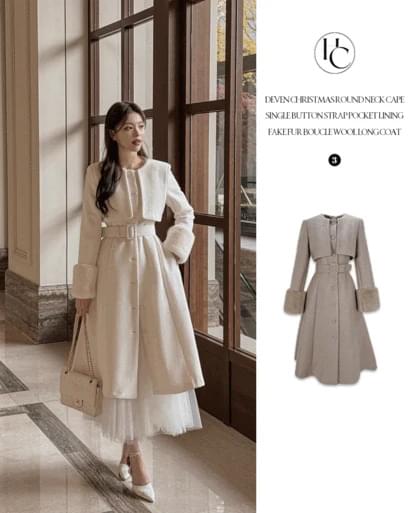 드벤 크리스마스 라운드넥 케이프 싱글버튼 허리스트랩 포켓 누빔안감 페이크퍼 부클 A라인 울 롱 코트
