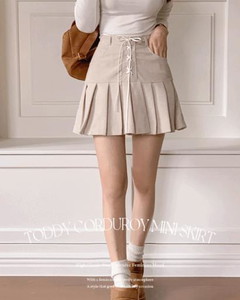 Toddy High Waist Back Zipper Eyelet Corset Panties High Teen Corduroy Golden Pleated Pleated Mini Skirt