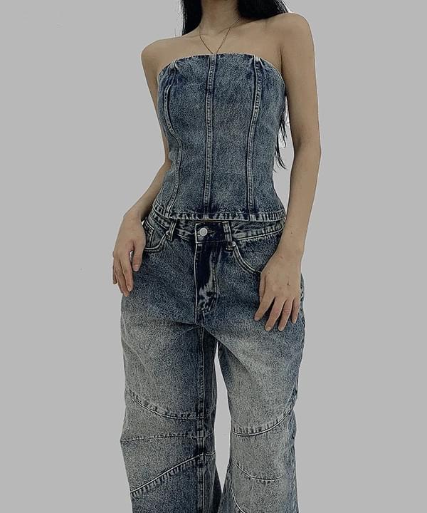 우프 데일리 워싱 민소매 데님 나시 탑