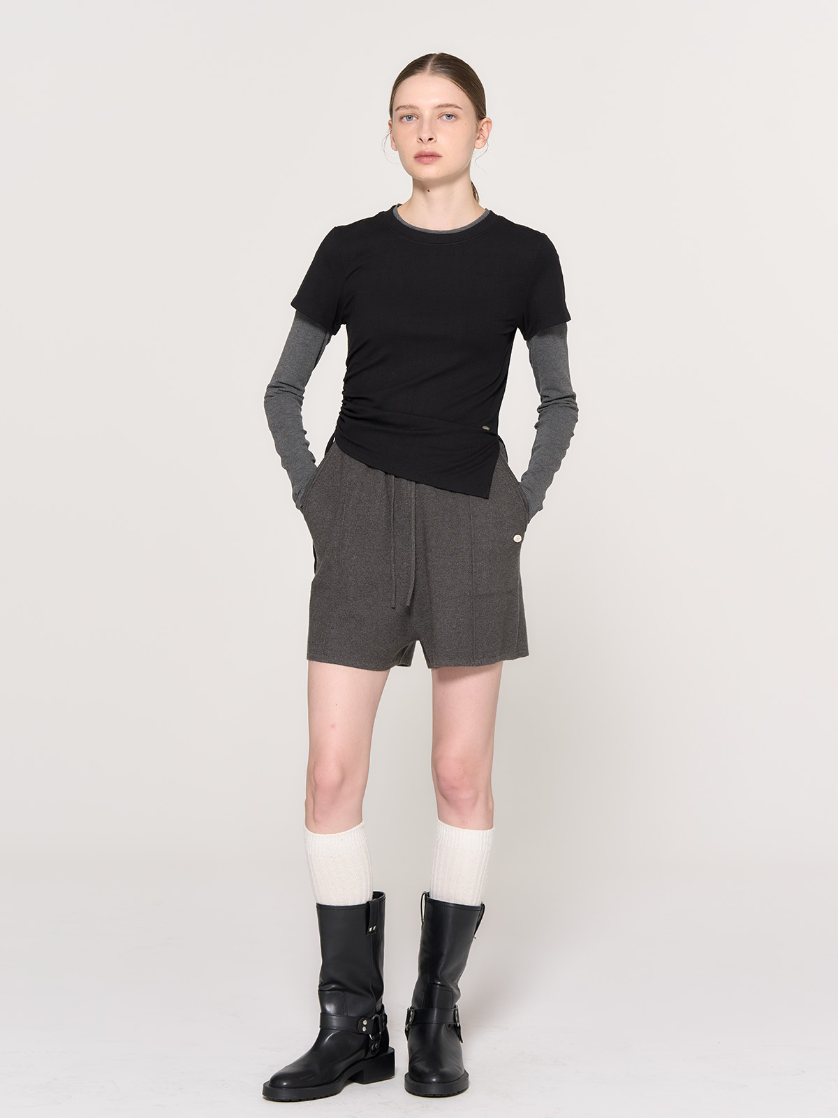 ★GENERAL IDEA★ Shirring Half Layered T-shirt KHAKI WBD3L01 GENERAL IDEA - WOMAN Shirring Half Layered T-shirt - Codibook.