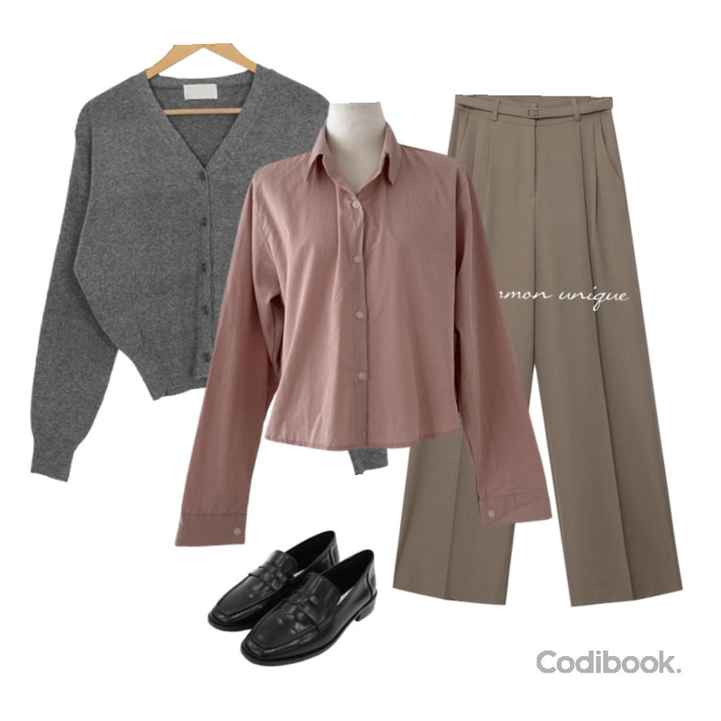 AWAB 클로이브이가디건 -10color,gifteabox 데일리 셔츠의 정석, 긴팔 크롭 남방 셔츠,common unique 테로즈 벨트 세트 핀턱 와이드 슬랙스 (가을/겨울/클래식/데일리/하객룩/오피스룩/격식룩)등을 매치한 코디