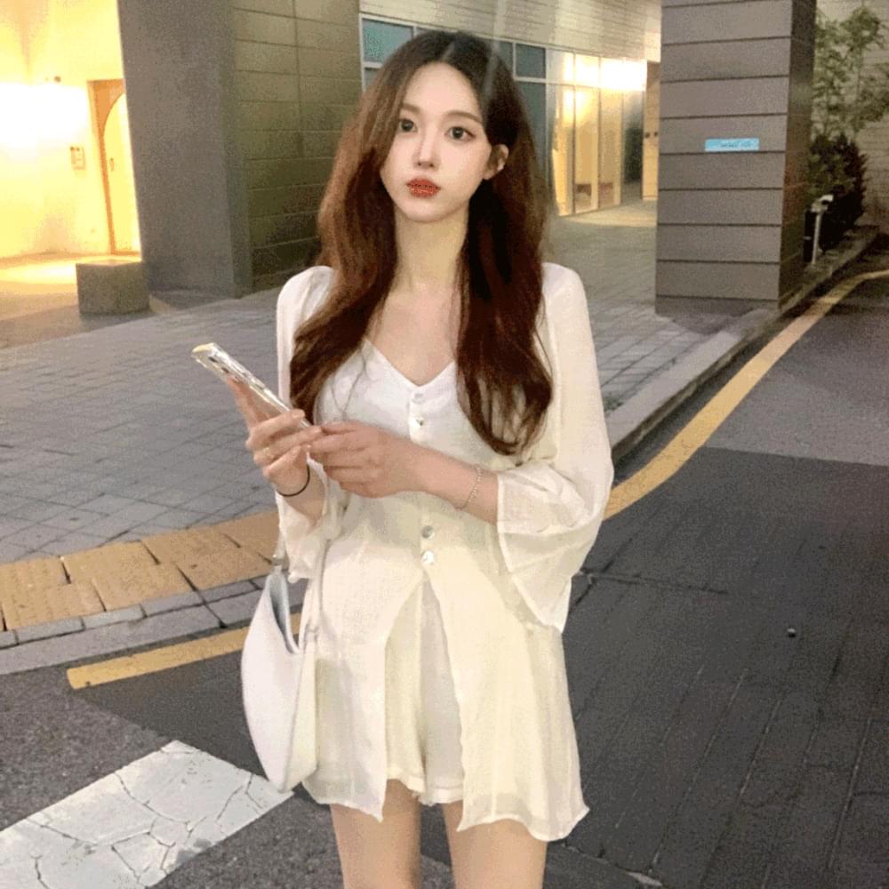 Pure and innocent, see-through team frill string linen long lovely chiffon blouse + Split banding short pants set satin A-line 7/8 long sleeve two-piece Dress -piece ballet core look spring coordination flower play look