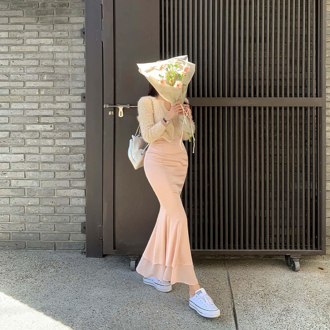 Pledi Satin Mermaid Chiffon Long Skirt New Arrival/Daily Look/Daily/Winter/Spring/Guest/Date Look/Maxi/Satin/Slim Fit