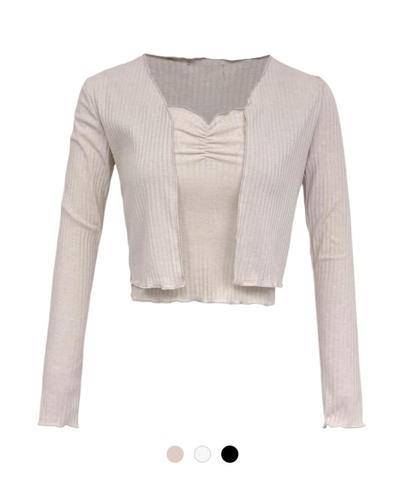 Ribbed Shirring Sleeveless & Cardigan Set