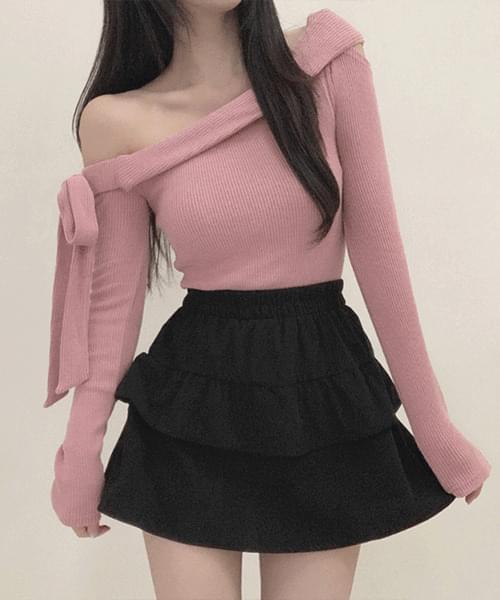 Bodam Off Shoulder Ribbed Strap Long Sleeve Knitwear 