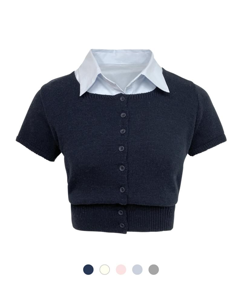 Mini Button Knitwear Cardigan & Pin Tuck Shirt
